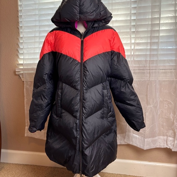 Armani Exchange Women’s Black/Orange/Pink Reversible Winter Puffer Long Coat, XL - Picture 6 of 15